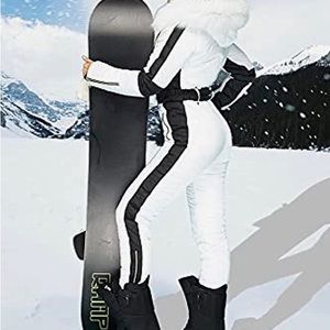 YOUSIFY Women’s Winter White/Black Ski Jumpsuit with Removable Fur Collar